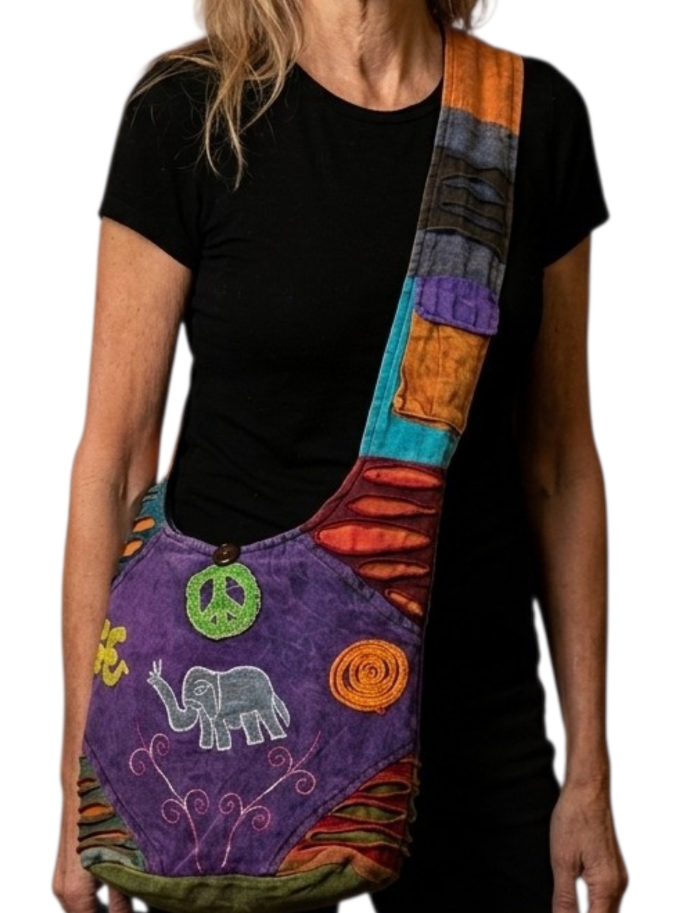 NWT Nepal Handcrafted Boho Patchwork Crossbody Sling Bag Elephant Om Peace Sign